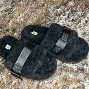 furry black UGGS platform slides